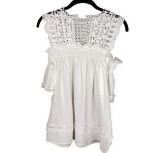 White Lace Cold Shoulder Shirred Trapeze Top
